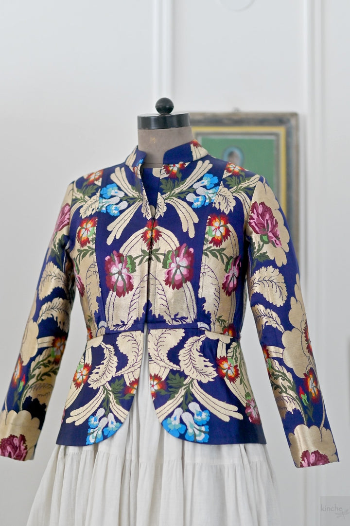 Palden, Navy &amp; Gold, Pure Gyasar Heritage Silk Short Jacket, Handmade - kinchecom