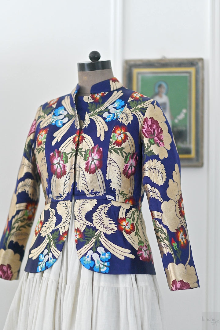 Palden, Navy &amp; Gold, Pure Gyasar Heritage Silk Short Jacket, Handmade - kinchecom