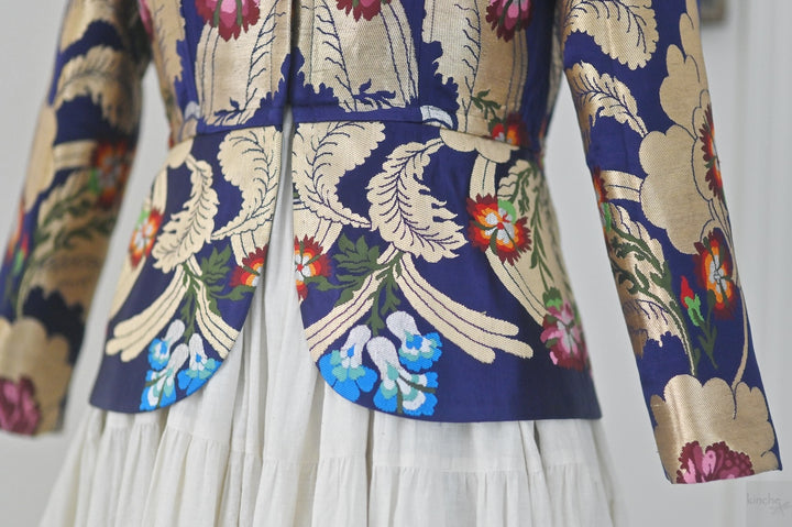 Palden, Navy &amp; Gold, Pure Gyasar Heritage Silk Short Jacket, Handmade - kinchecom