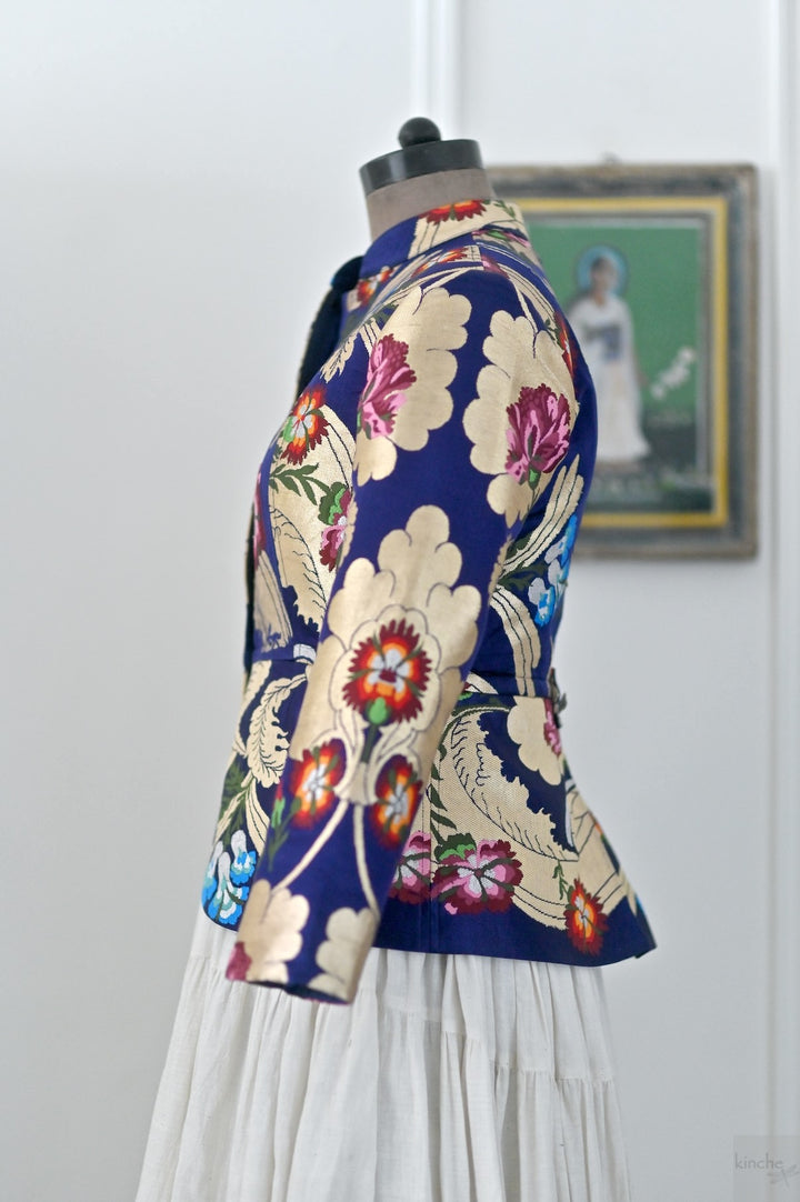 Palden, Navy &amp; Gold, Pure Gyasar Heritage Silk Short Jacket, Handmade - kinchecom
