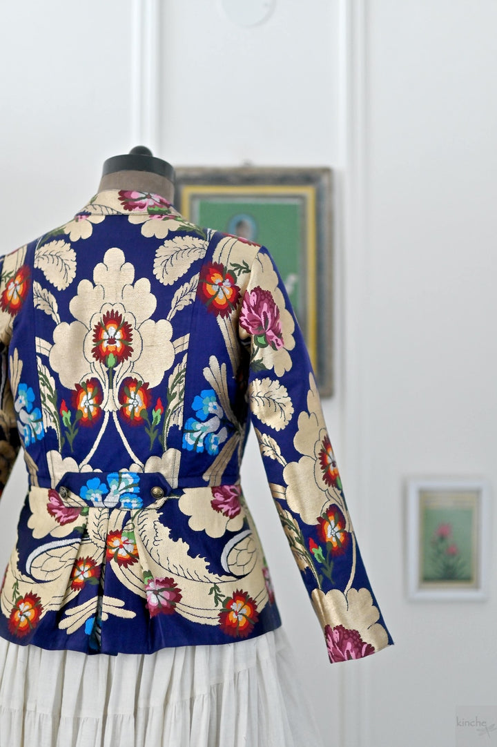 Palden, Navy &amp; Gold, Pure Gyasar Heritage Silk Short Jacket, Handmade - kinchecom