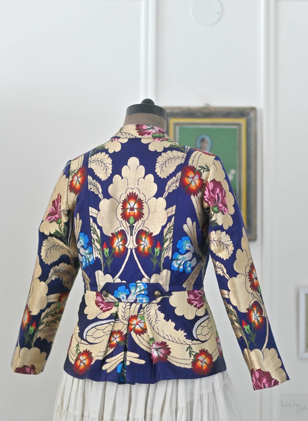 Palden, Navy & Gold, Pure Gyasar Heritage Silk Short Jacket, Handmade - kinchecom