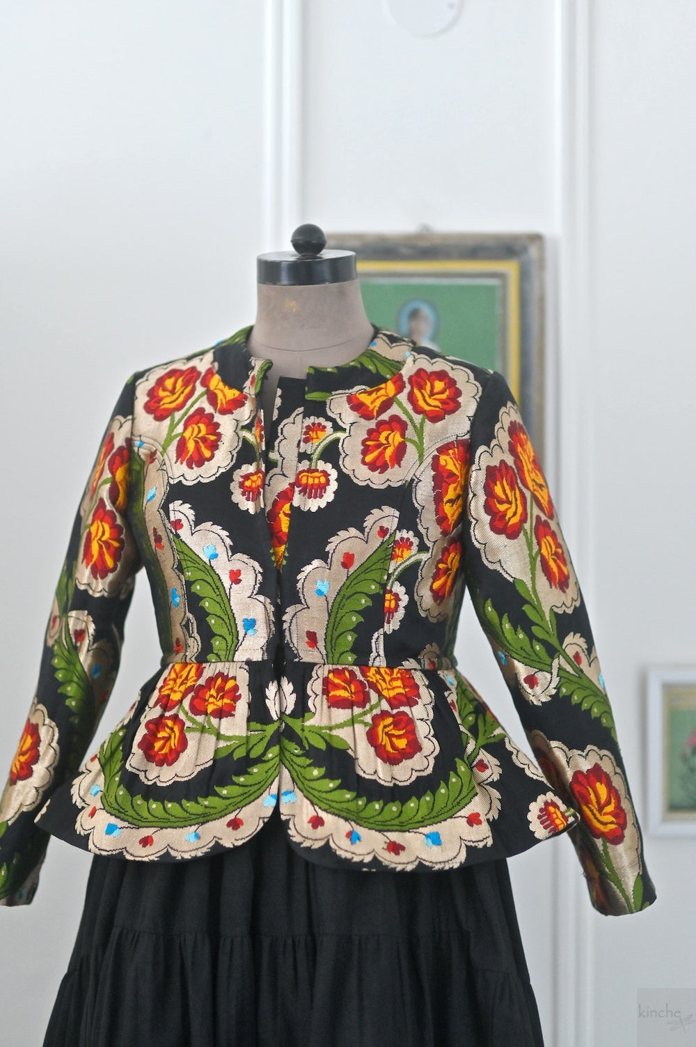 Dolma, Pure Gyasar Silk & Copper Zari, Short Peplum Jacket in Black - kinchecom