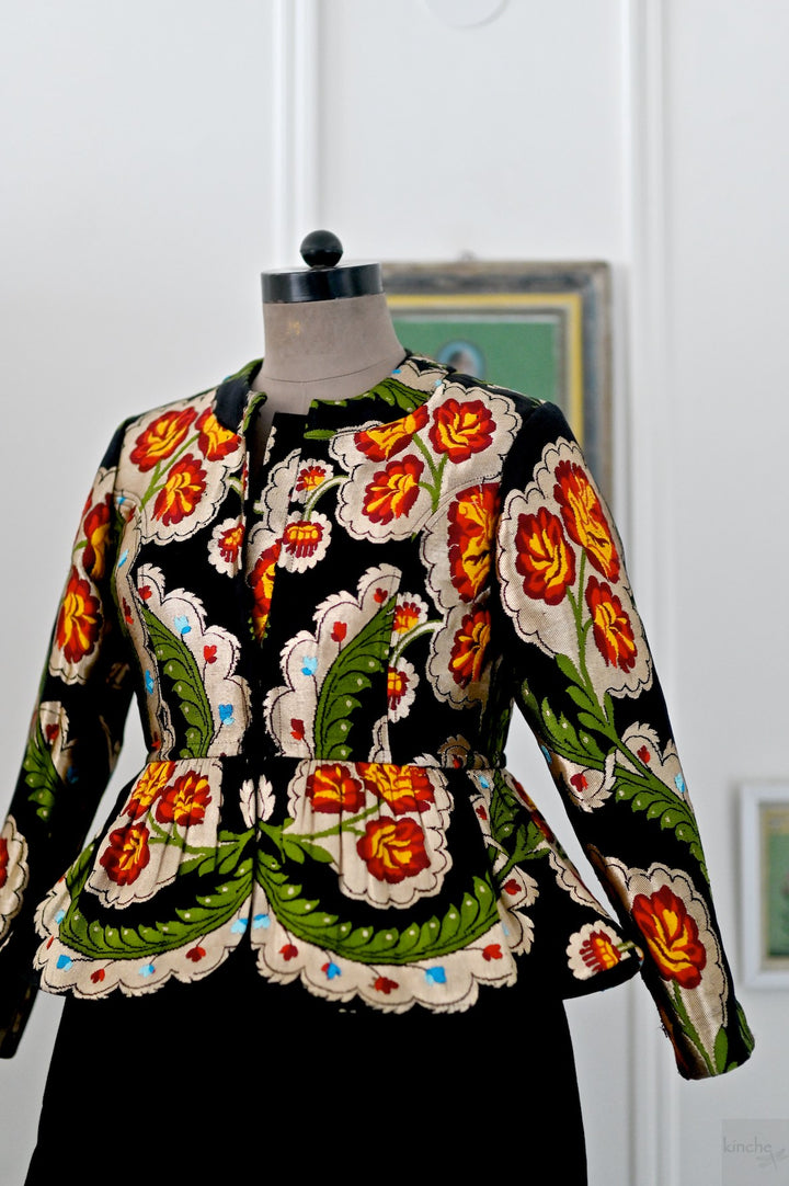 Dolma, Pure Gyasar Silk &amp; Copper Zari, Short Peplum Jacket in Black - kinchecom
