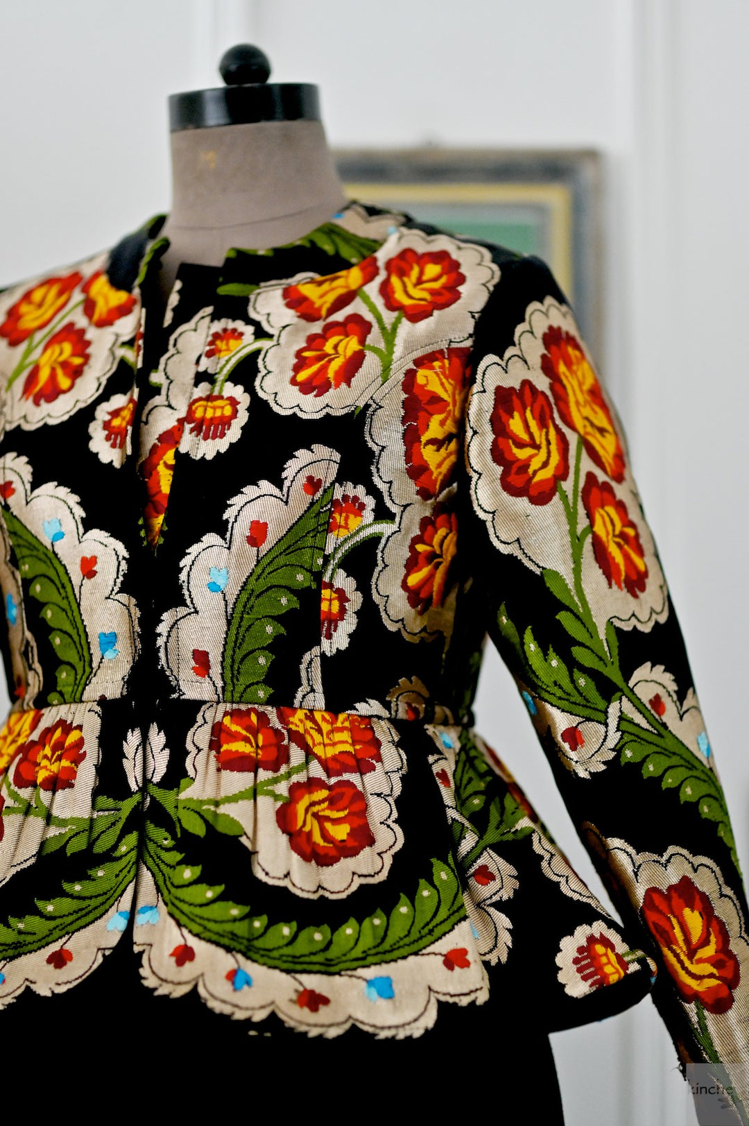Dolma, Pure Gyasar Silk &amp; Copper Zari, Short Peplum Jacket in Black - kinchecom