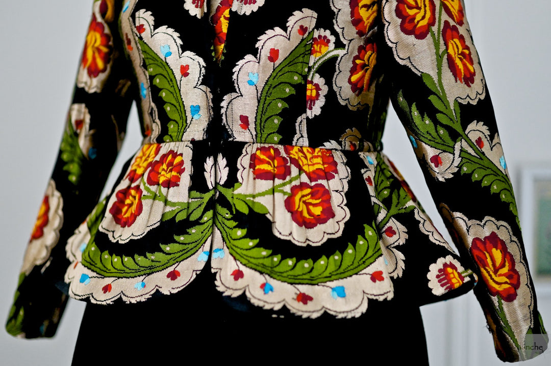 Dolma, Pure Gyasar Silk &amp; Copper Zari, Short Peplum Jacket in Black - kinchecom