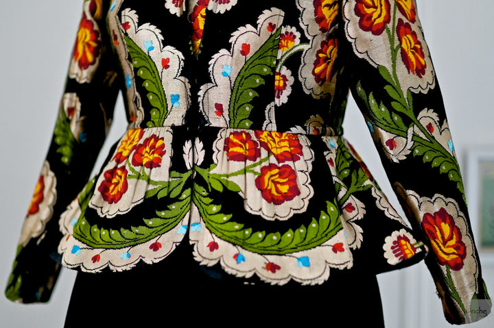 Dolma, Pure Gyasar Silk &amp; Copper Zari, Short Peplum Jacket in Black - kinchecom