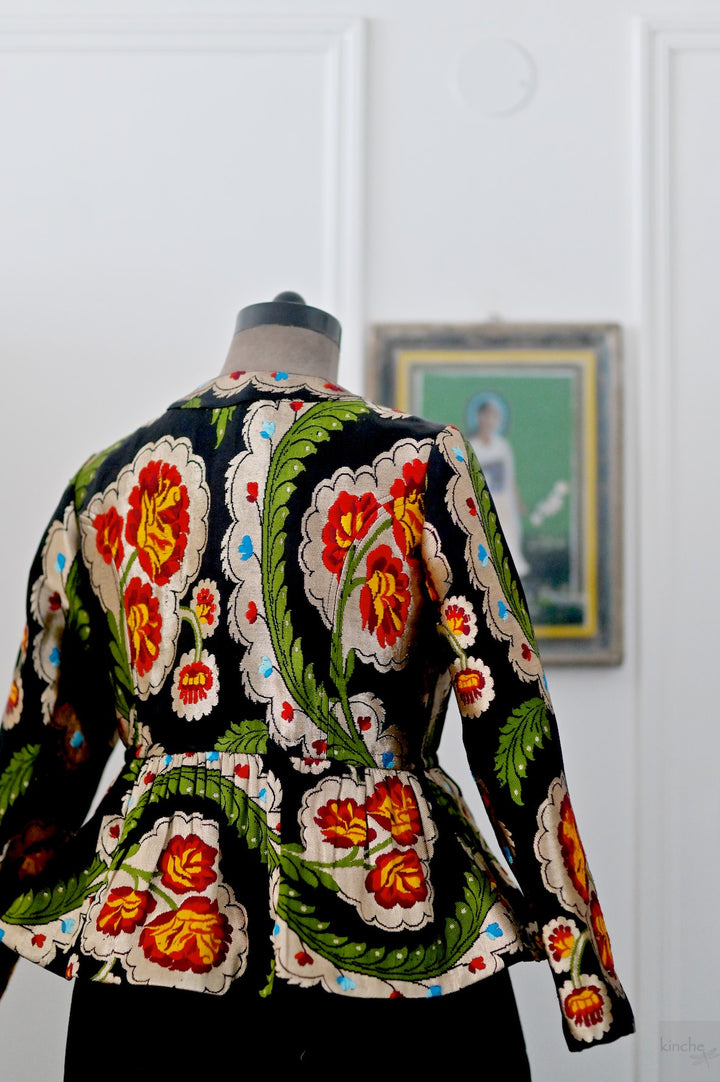 Dolma, Pure Gyasar Silk &amp; Copper Zari, Short Peplum Jacket in Black - kinchecom