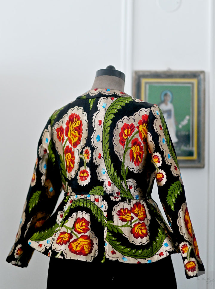 Dolma, Pure Gyasar Silk &amp; Copper Zari, Short Peplum Jacket in Black - kinchecom
