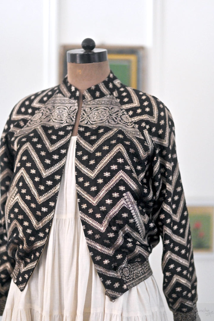 Kaali, Vintage Zari Silk Saree Bomber Jacket, Rare Weave, One of a Kind - kinchecom