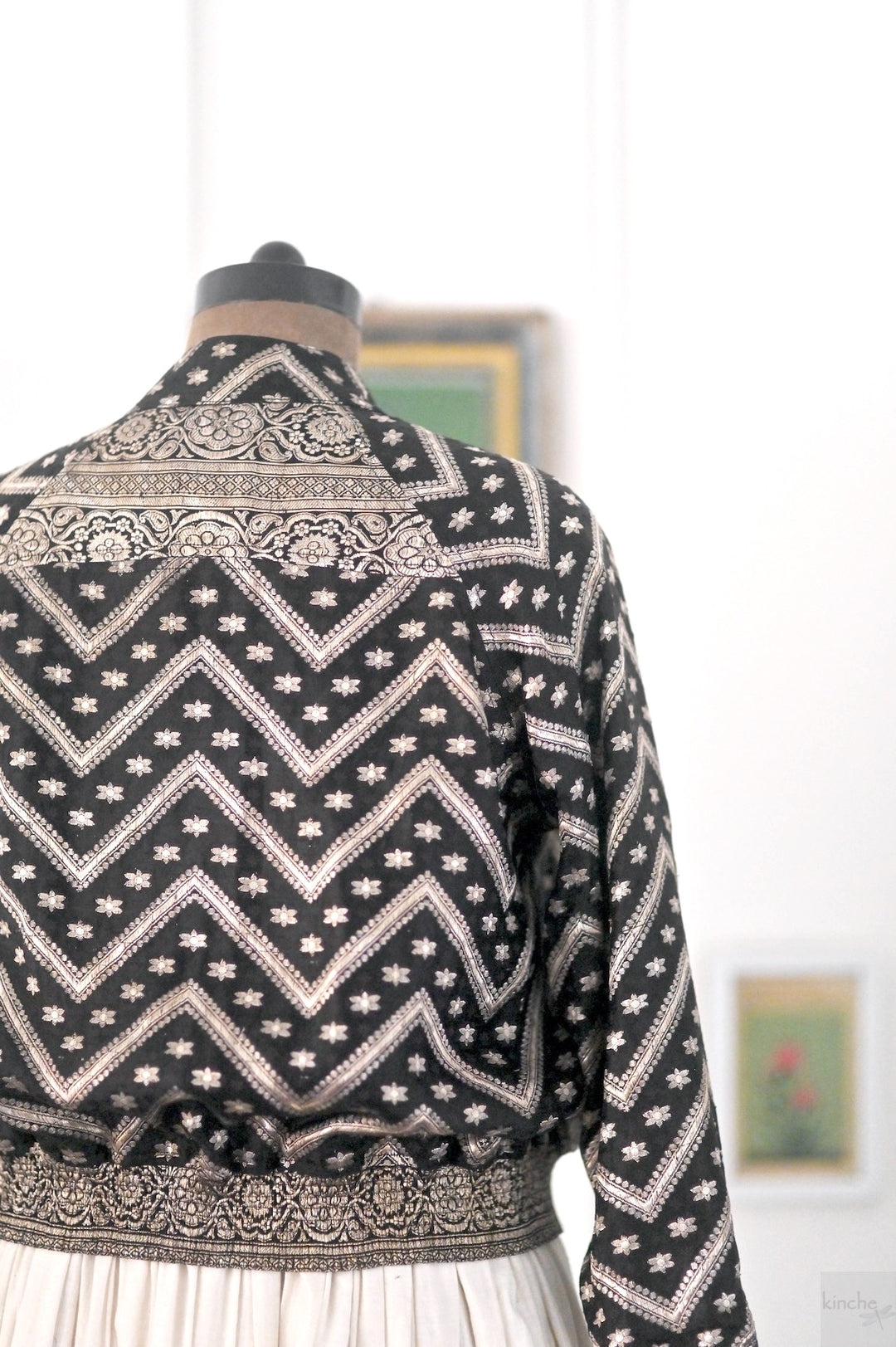 Kaali, Vintage Zari Silk Saree Bomber Jacket, Rare Weave, One of a Kind - kinchecom