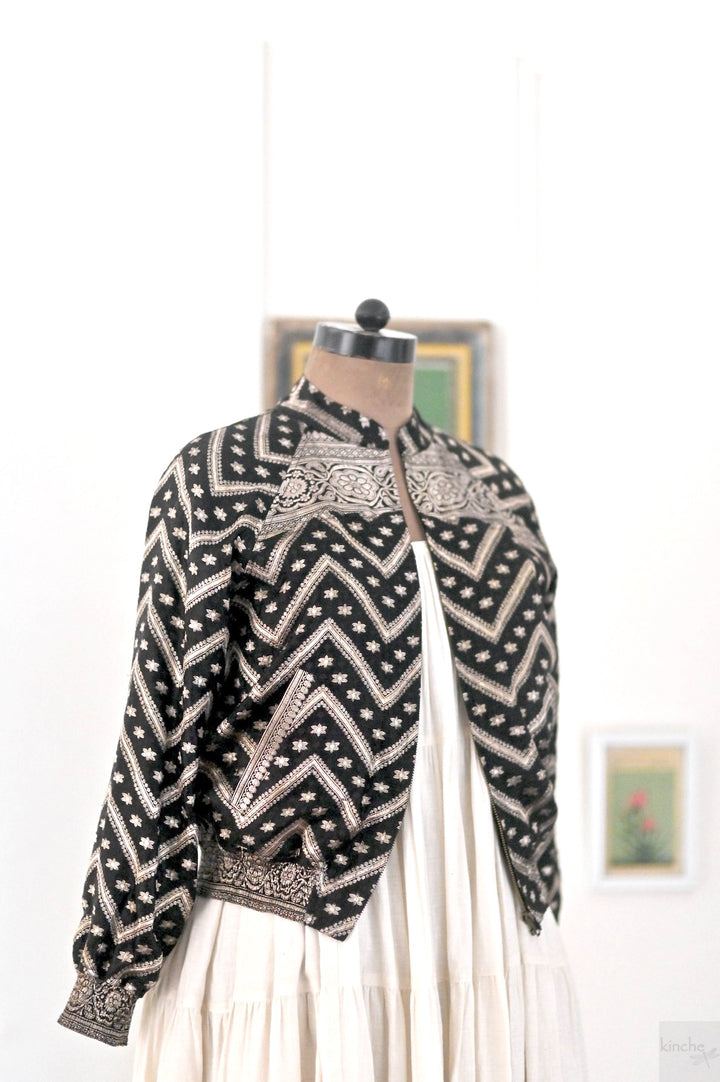 Kaali, Vintage Zari Silk Saree Bomber Jacket, Rare Weave, One of a Kind - kinchecom