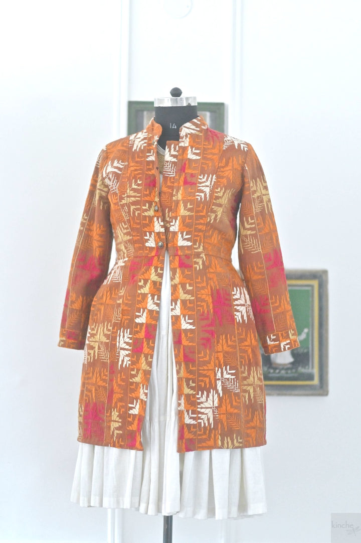Shrija, Size large, Knee Length Jacket Made of Antique Phulkari Chaddar/ One of a Kind - kinchecom