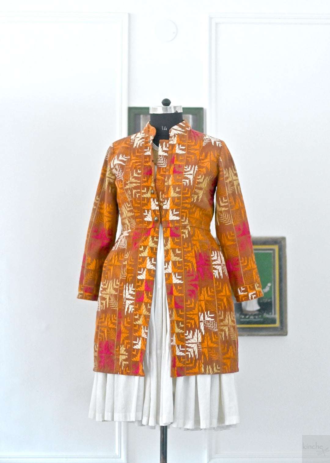 Shrija, Size large, Knee Length Jacket Made of Antique Phulkari Chaddar/ One of a Kind - kinchecom