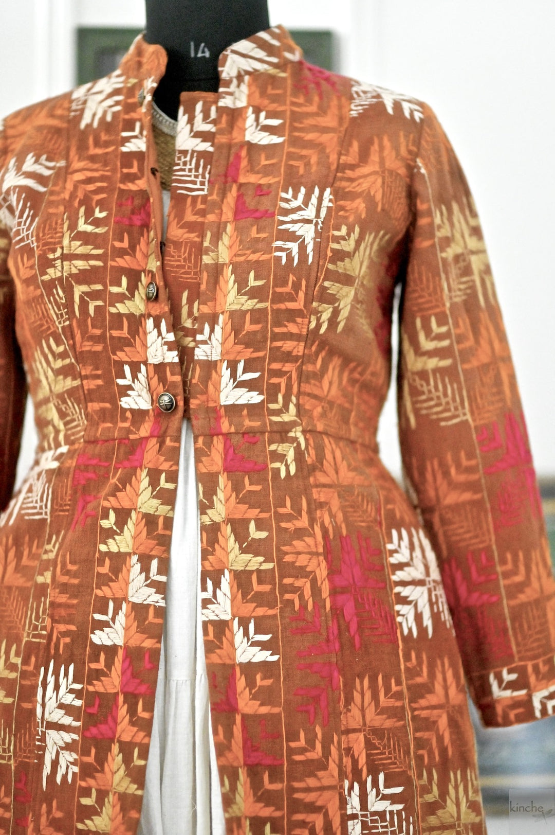Shrija, Size large, Knee Length Jacket Made of Antique Phulkari Chaddar/ One of a Kind - kinchecom
