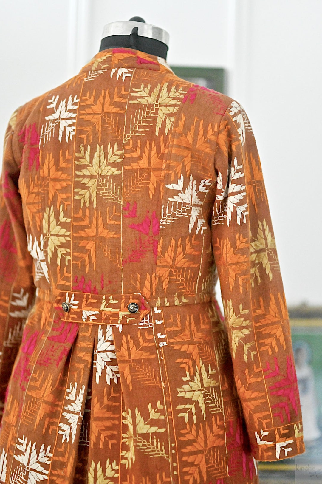 Shrija, Size large, Knee Length Jacket Made of Antique Phulkari Chaddar/ One of a Kind - kinchecom