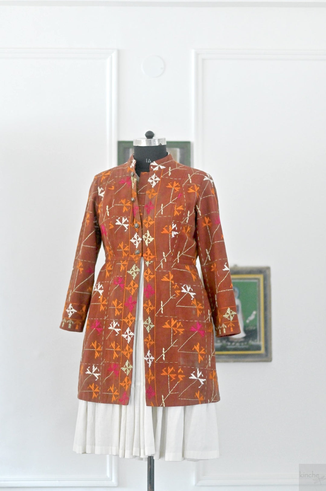 Tegroop, XL, Vintage Bagh Phulkari, Up Cycled Long Jacket - kinchecom