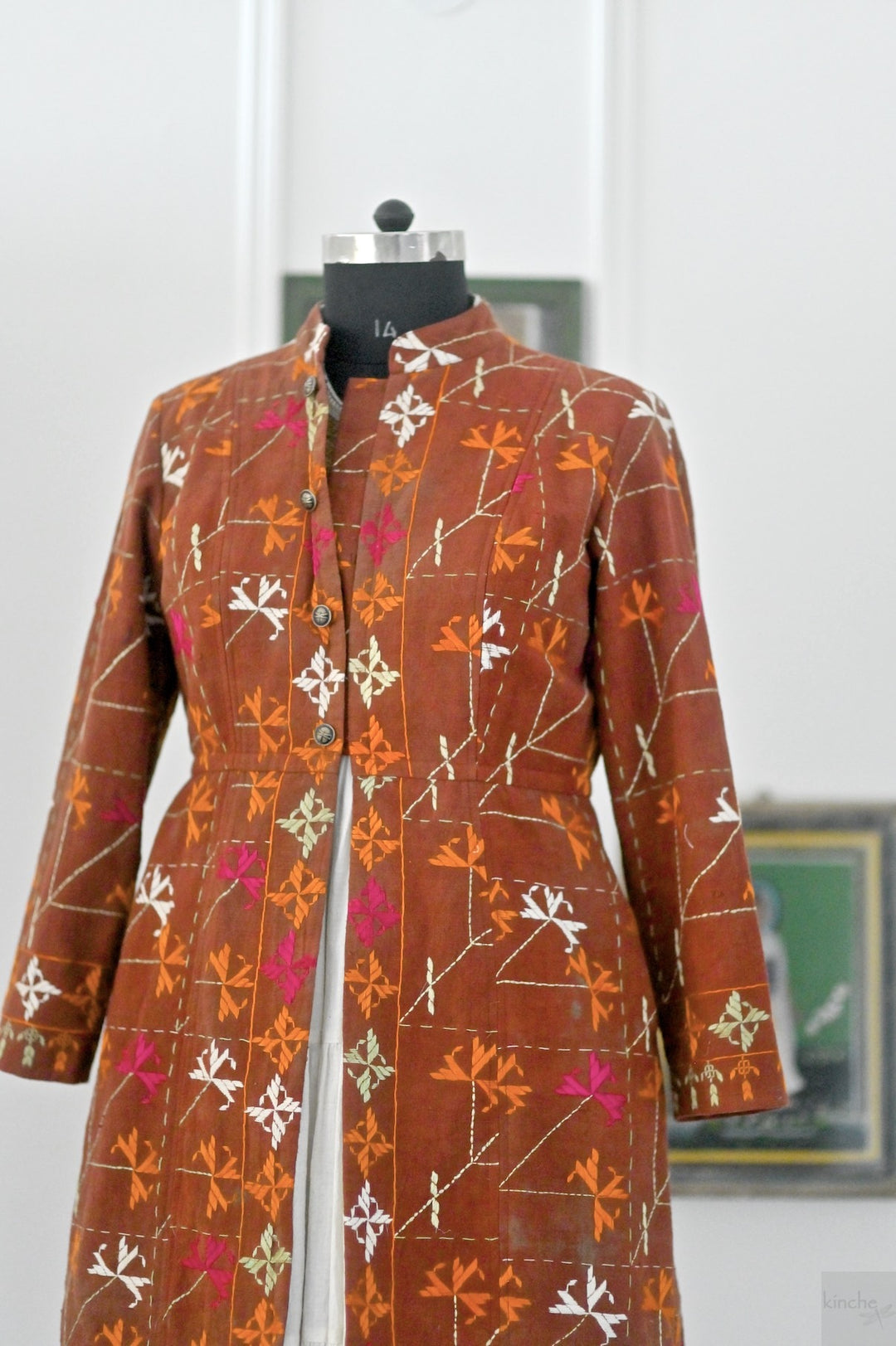 Tegroop, XL, Vintage Bagh Phulkari, Up Cycled Long Jacket - kinchecom