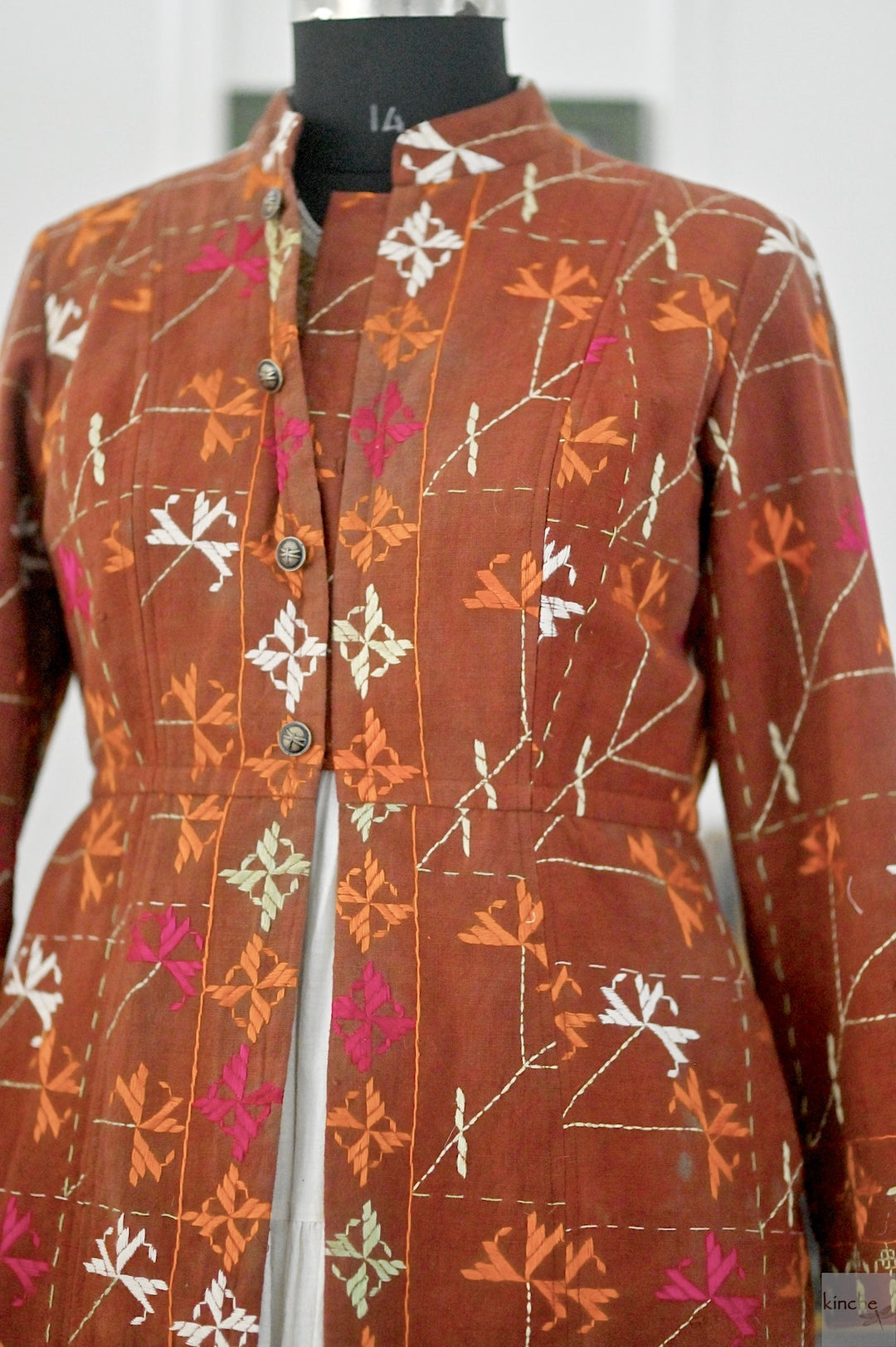 Tegroop, XL, Vintage Bagh Phulkari, Up Cycled Long Jacket - kinchecom