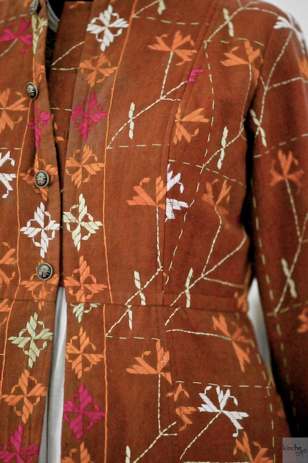 Tegroop, XL, Vintage Bagh Phulkari, Up Cycled Long Jacket - kinchecom