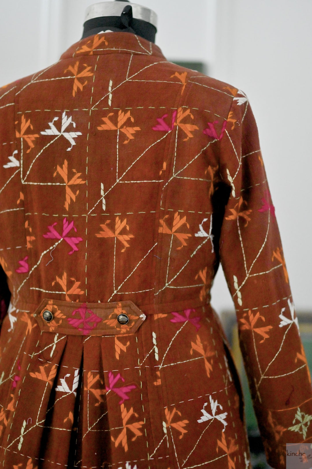 Tegroop, XL, Vintage Bagh Phulkari, Up Cycled Long Jacket - kinchecom