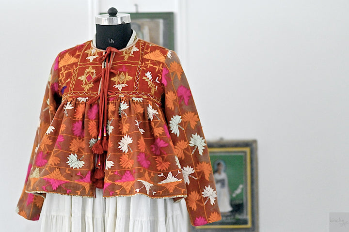 Avreen, Handmade Vintage Phulkari Cropped Boho Jacket, Kediya Style, Large - kinchecom