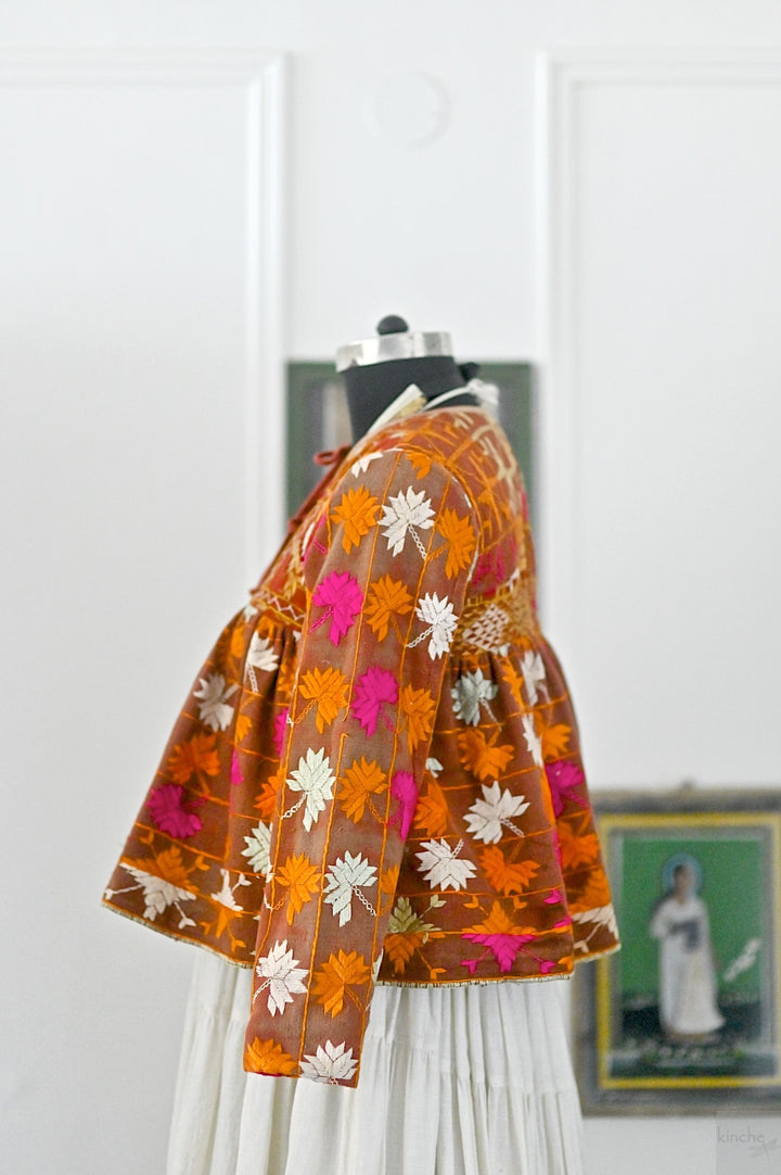 Avreen, Handmade Vintage Phulkari Cropped Boho Jacket, Kediya Style, Large - kinchecom