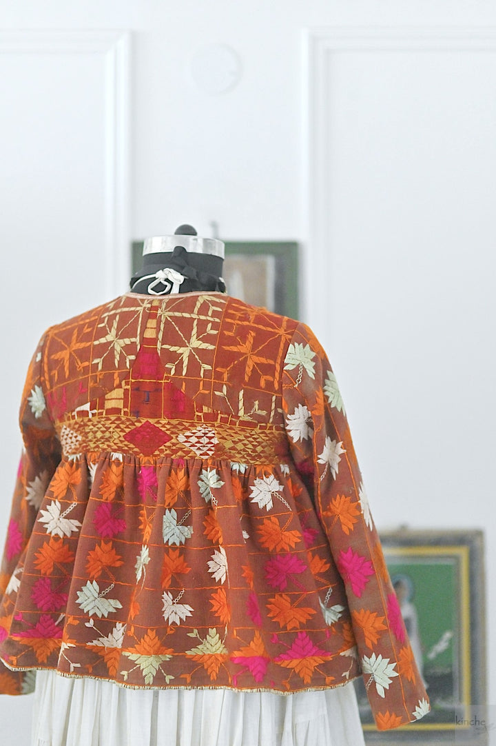 Avreen, Handmade Vintage Phulkari Cropped Boho Jacket, Kediya Style, Large - kinchecom