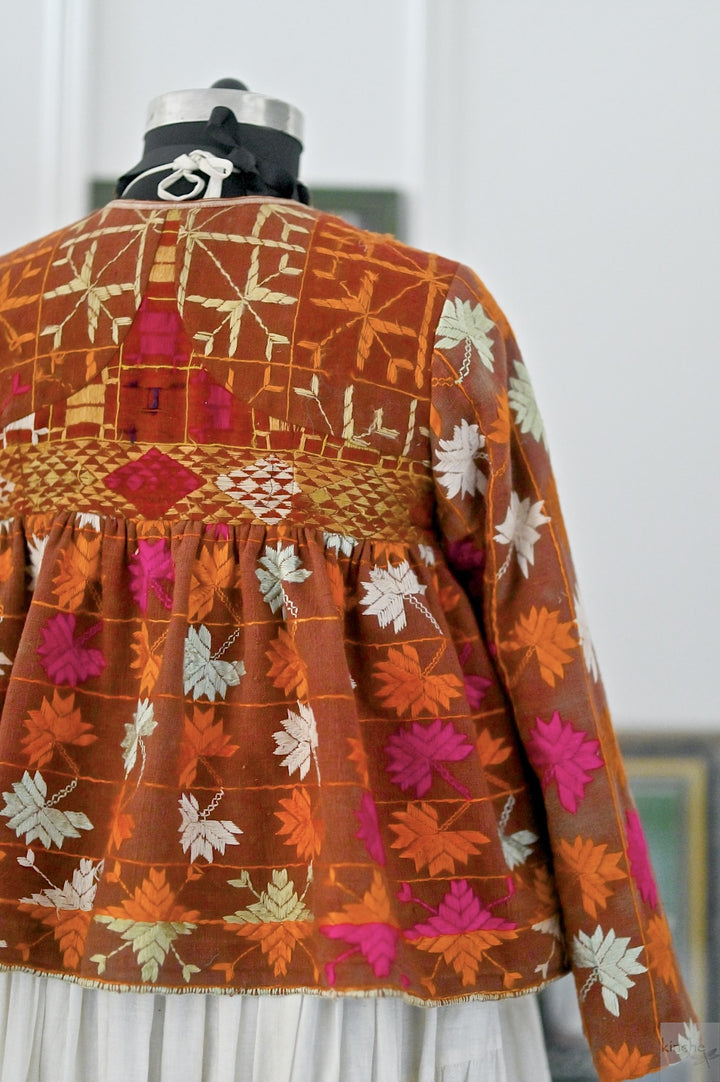 Avreen, Handmade Vintage Phulkari Cropped Boho Jacket, Kediya Style, Large - kinchecom