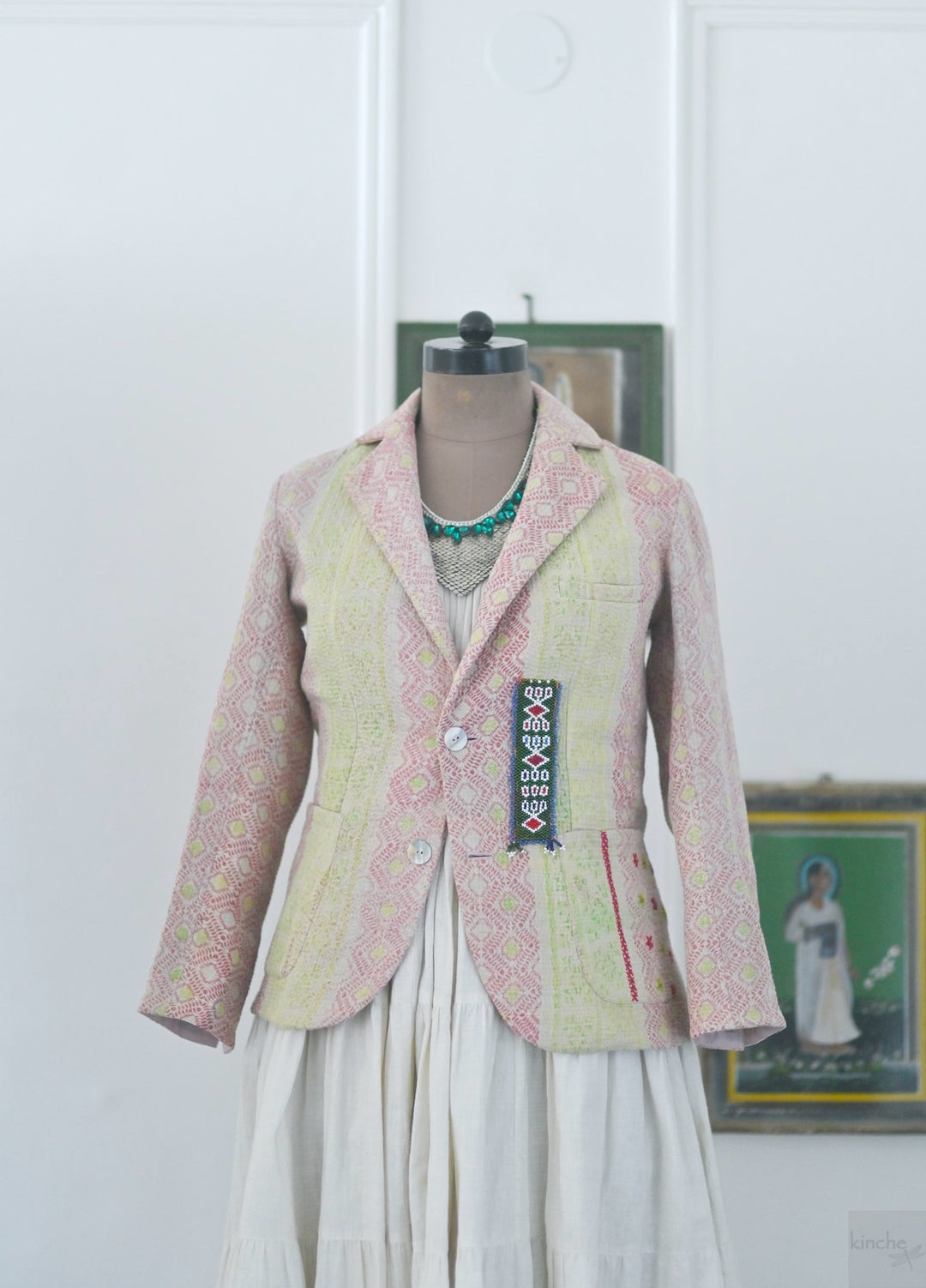 Kai, Vintage Kanta Quilt Jacket with Rabari Kutch Patchwork, Hand Embroidered, Medium - kinchecom