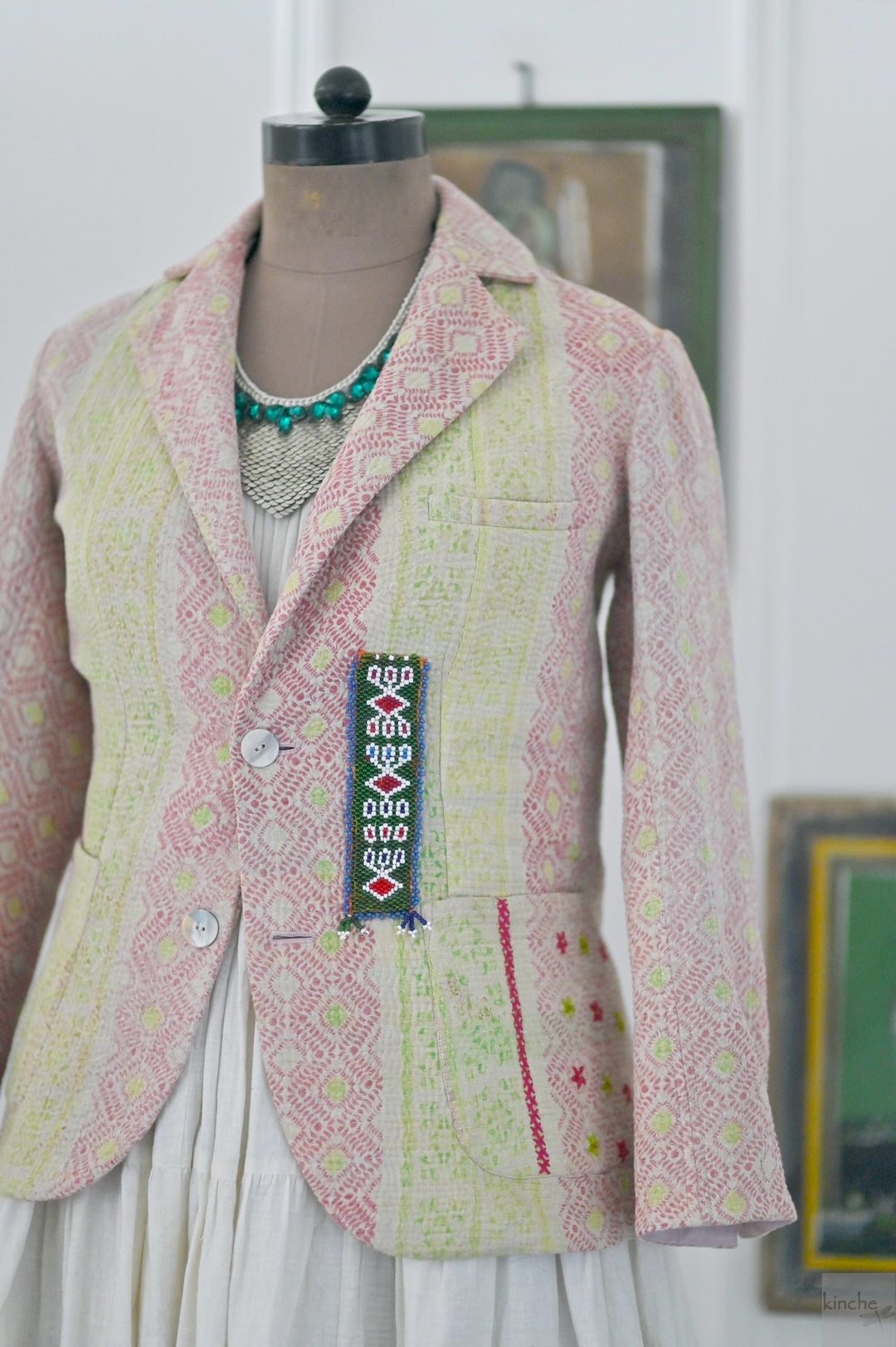 Kai, Vintage Kanta Quilt Jacket with Rabari Kutch Patchwork, Hand Embroidered, Medium - kinchecom