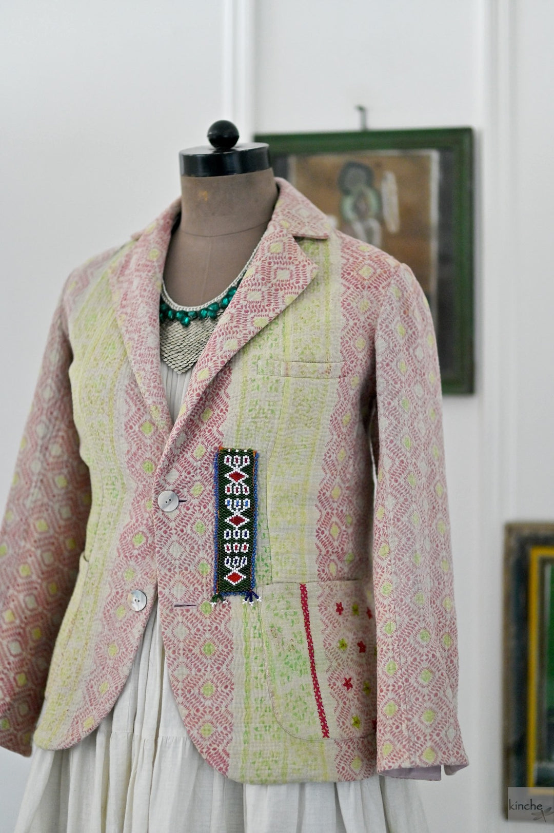 Kai, Vintage Kanta Quilt Jacket with Rabari Kutch Patchwork, Hand Embroidered, Medium - kinchecom