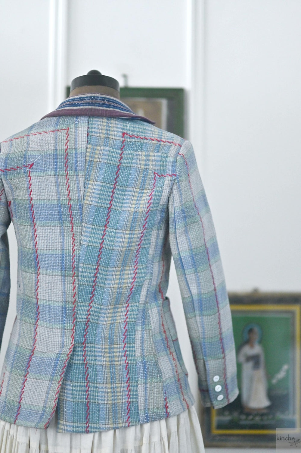 Quinn, Rare Weave kantha Quilt from Early 1800's Up Cycled in a Blazer, Small - kinchecom