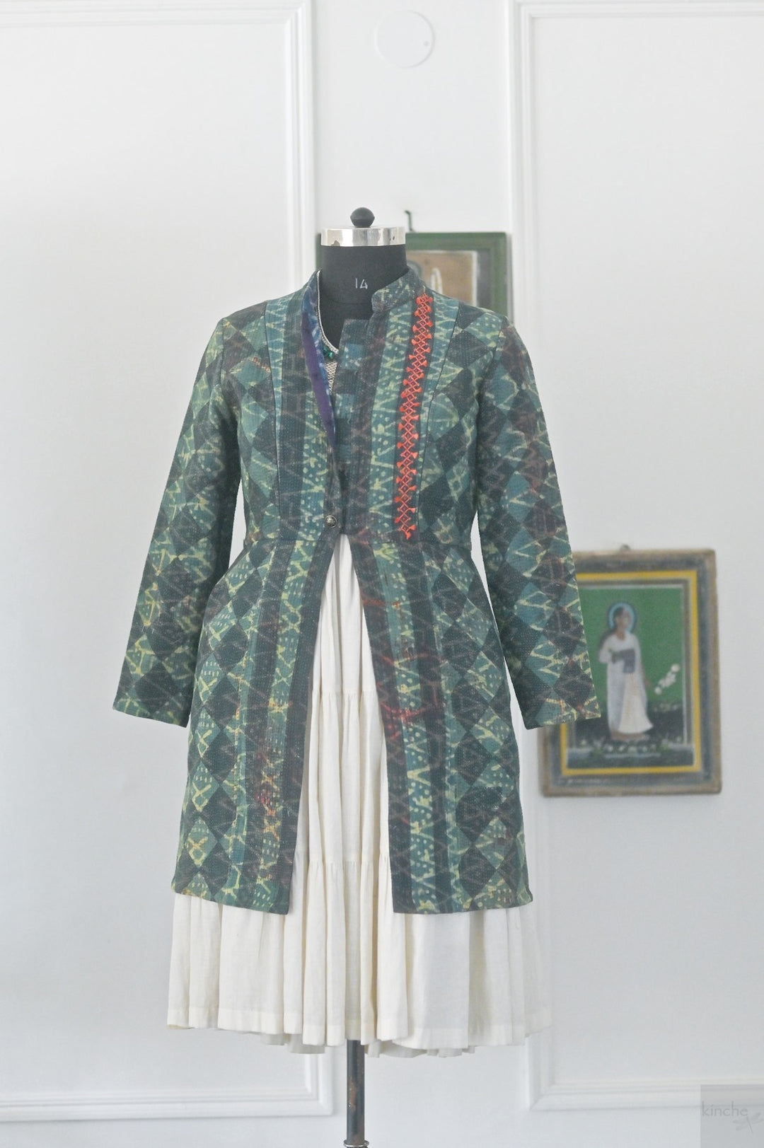 Rebecca, Vintage Kantha Quilt Long Jacket with Handblock Indigo Print, Size Large - kinchecom