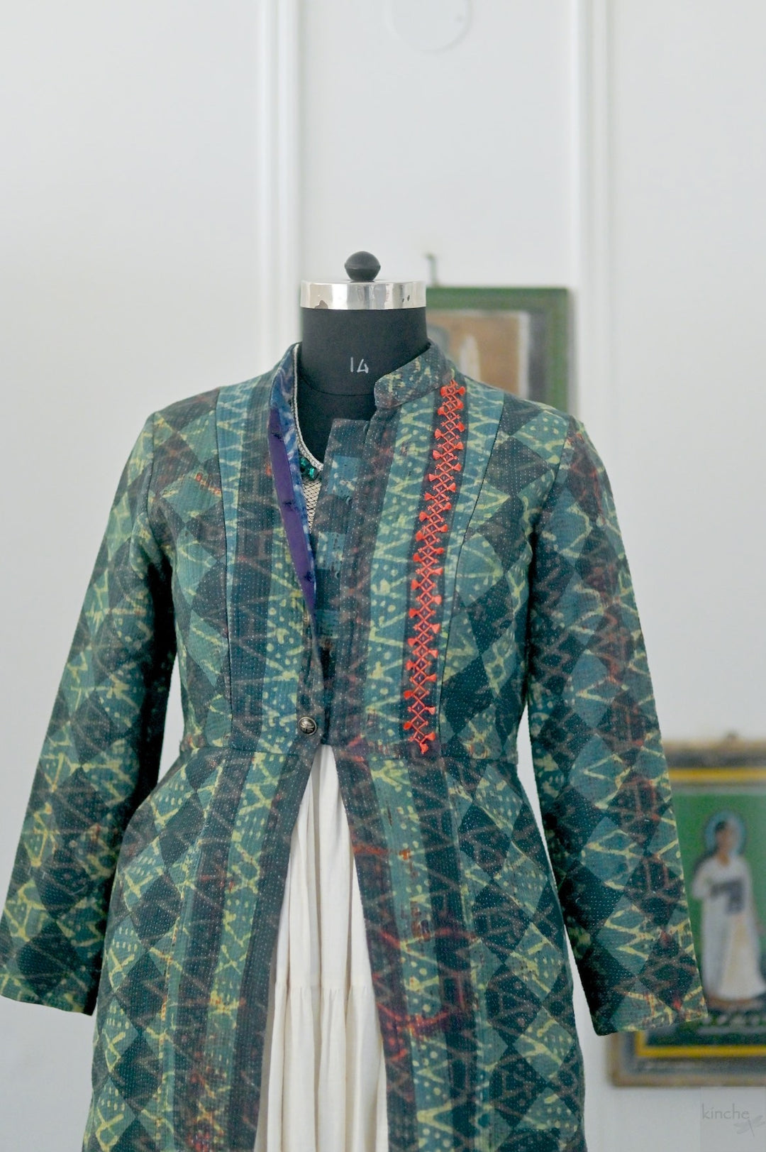 Rebecca, Vintage Kantha Quilt Long Jacket with Handblock Indigo Print, Size Large - kinchecom