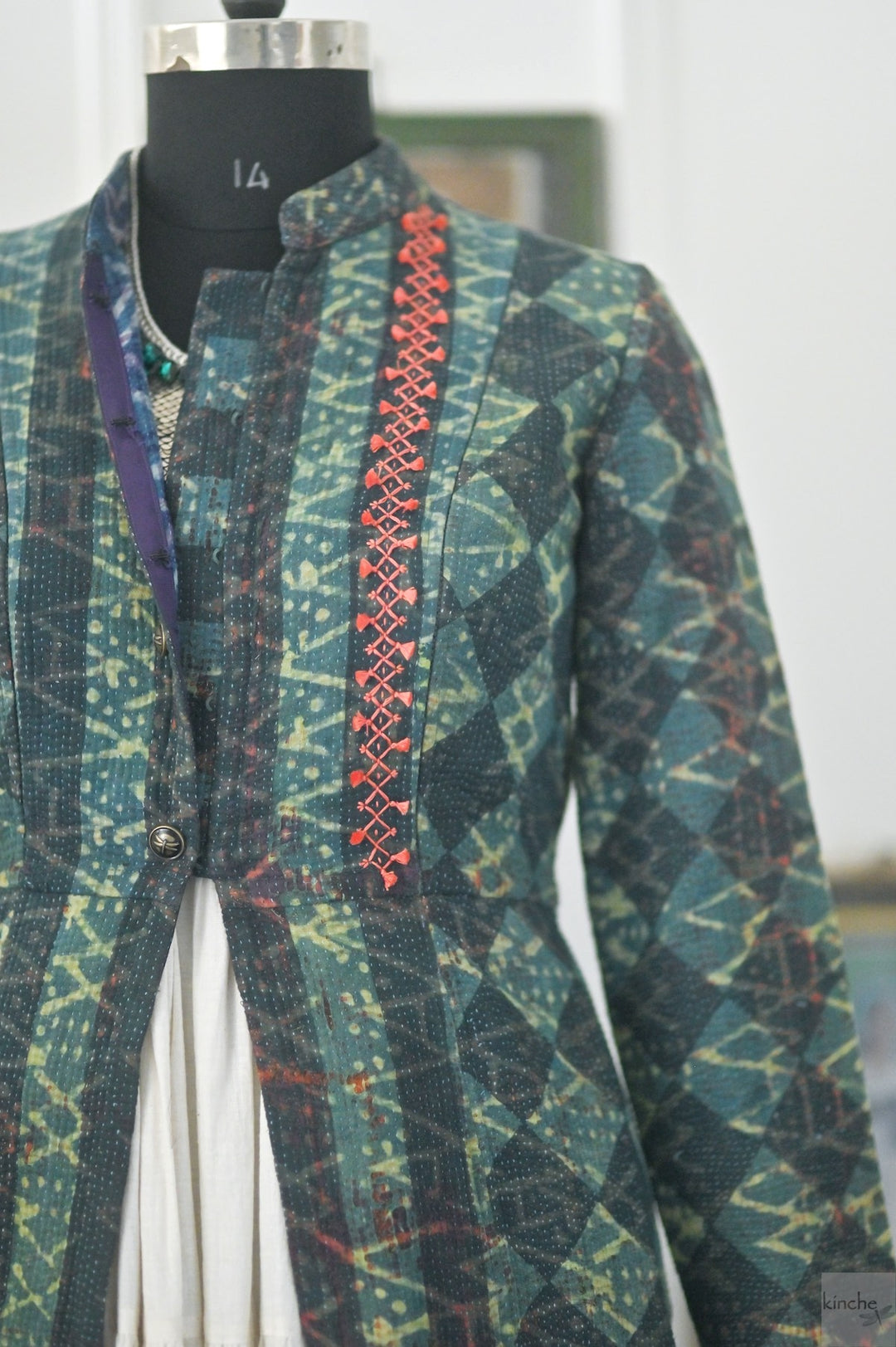 Rebecca, Vintage Kantha Quilt Long Jacket with Handblock Indigo Print, Size Large - kinchecom