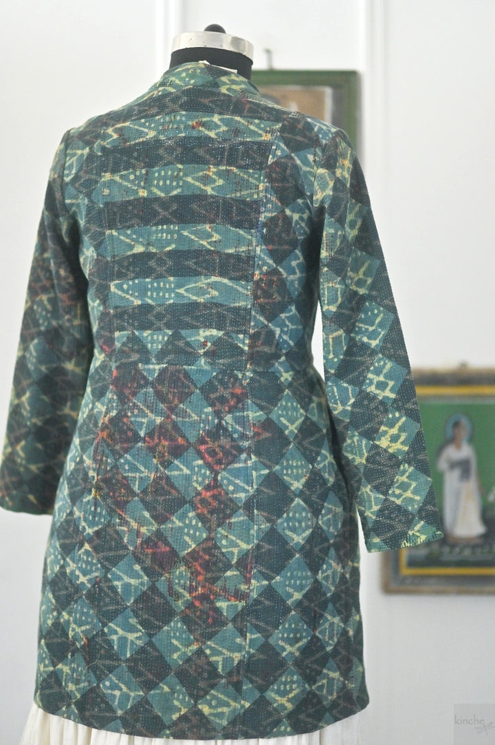 Rebecca, Vintage Kantha Quilt Long Jacket with Handblock Indigo Print, Size Large - kinchecom