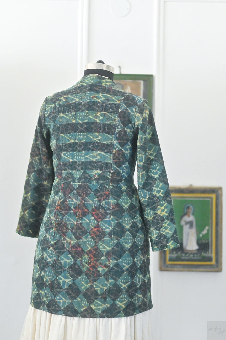 Rebecca, Vintage Kantha Quilt Long Jacket with Handblock Indigo Print, Size Large - kinchecom