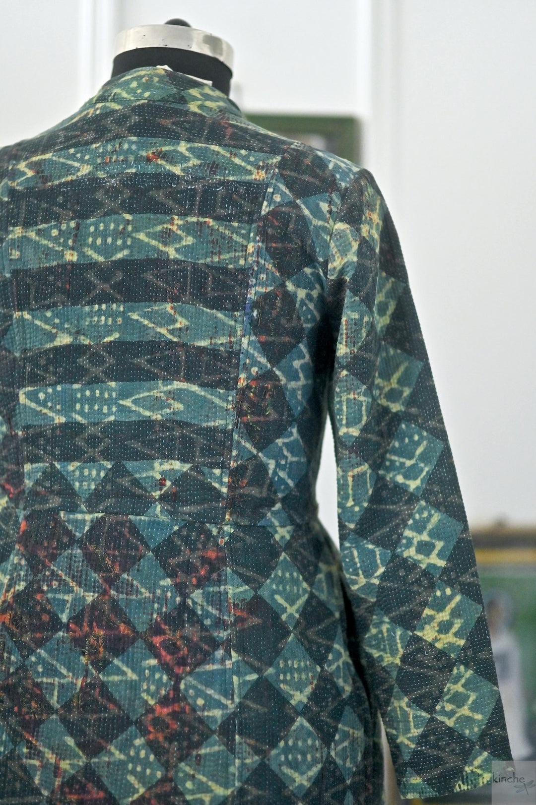 Rebecca, Vintage Kantha Quilt Long Jacket with Handblock Indigo Print, Size Large - kinchecom