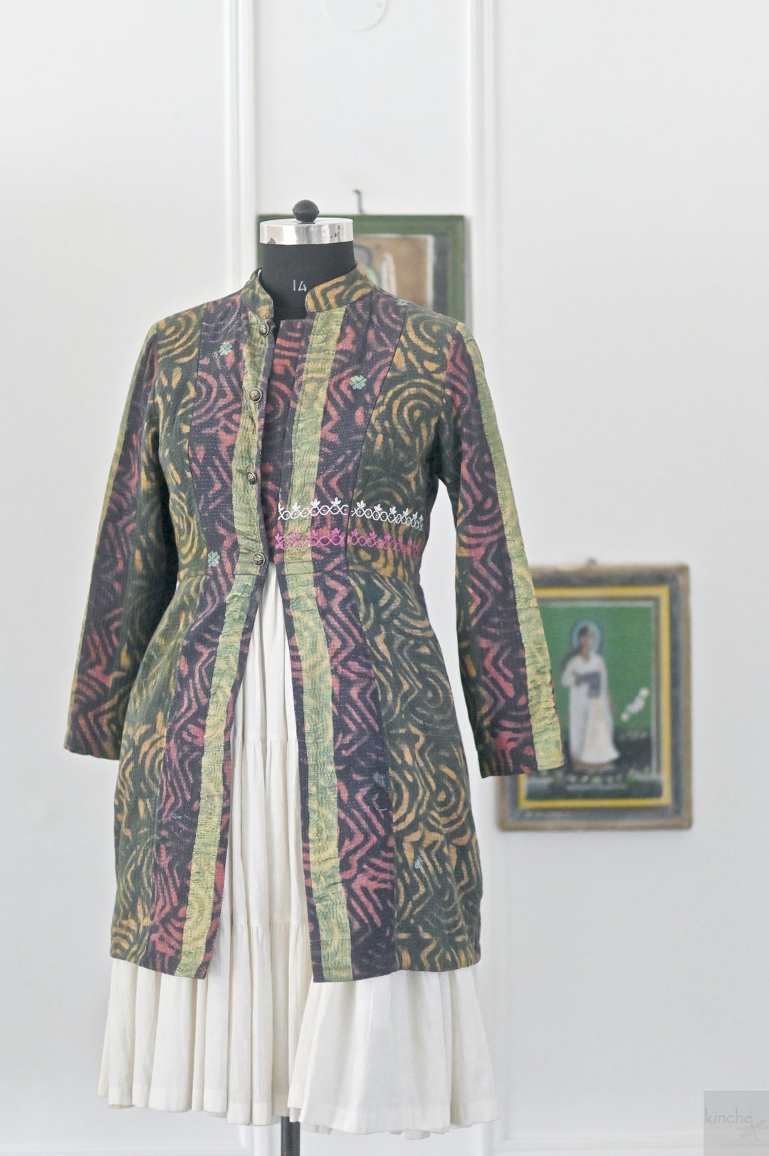 Masuda, Vintage Kantha Quilt, Hand Embroidered and Hand Block Printed, Large - kinchecom