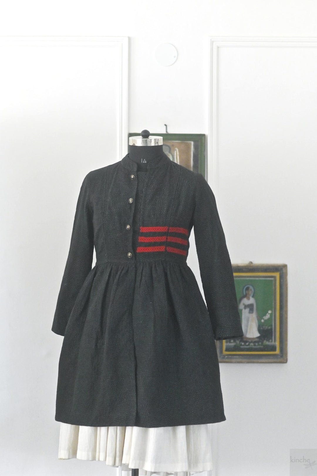 Lily, Black Long jacket made with Vintage Kantha, Hand Embroidered, Large - kinchecom