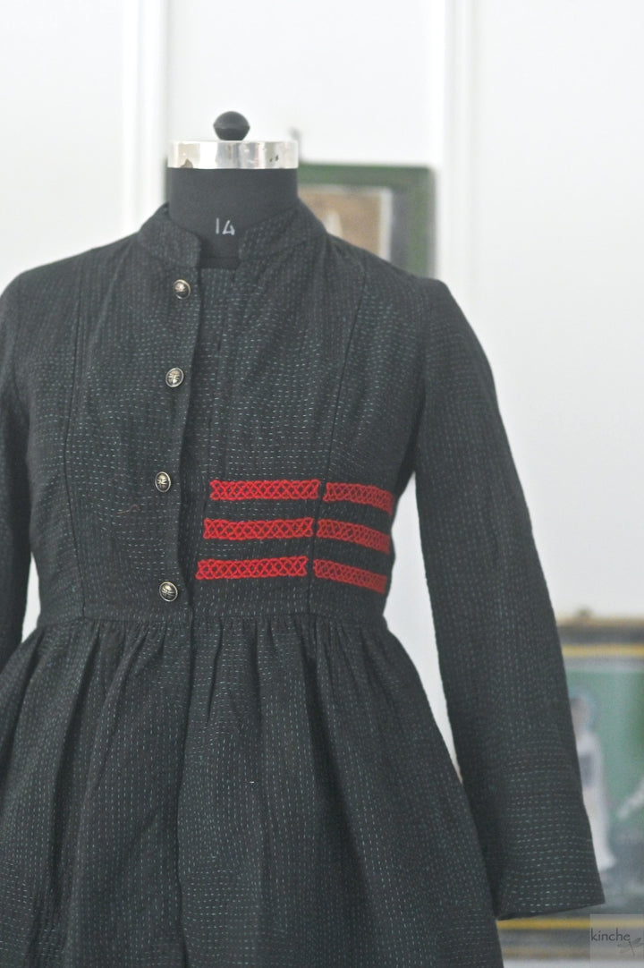 Lily, Black Long jacket made with Vintage Kantha, Hand Embroidered, Large - kinchecom