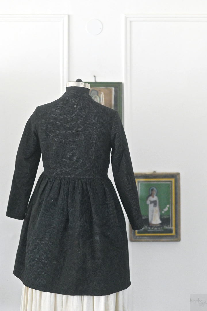 Lily, Black Long jacket made with Vintage Kantha, Hand Embroidered, Large - kinchecom