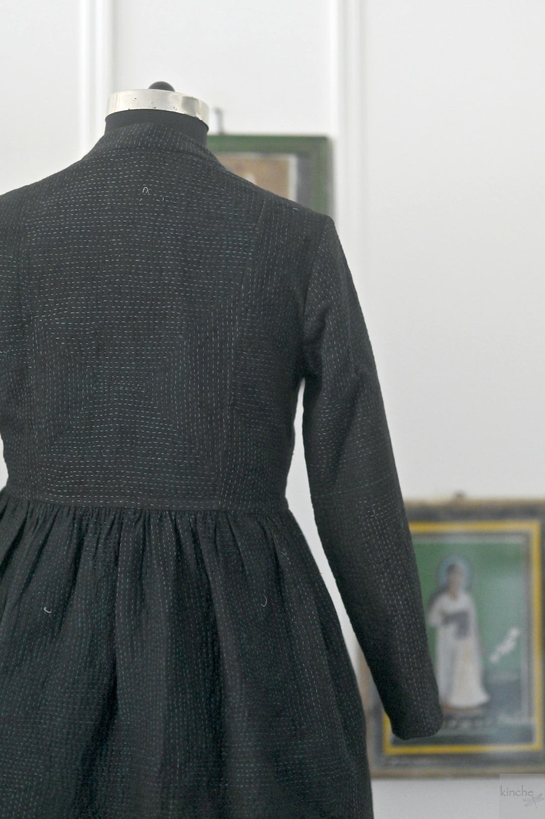 Lily, Black Long jacket made with Vintage Kantha, Hand Embroidered, Large - kinchecom