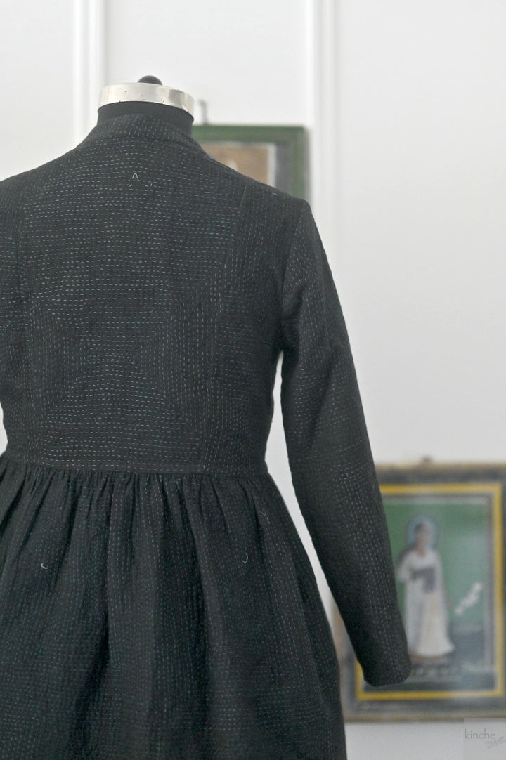 Lily, Black Long jacket made with Vintage Kantha, Hand Embroidered, Large - kinchecom