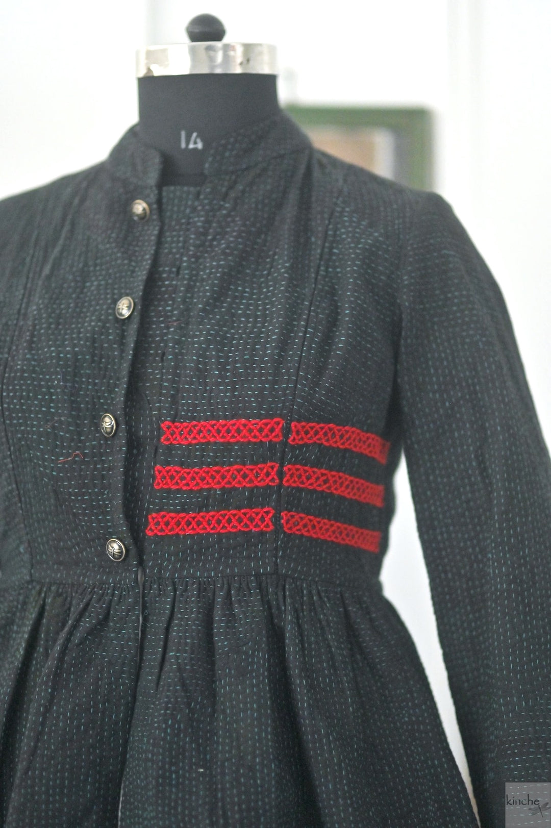 Lily, Black Long jacket made with Vintage Kantha, Hand Embroidered, Large - kinchecom