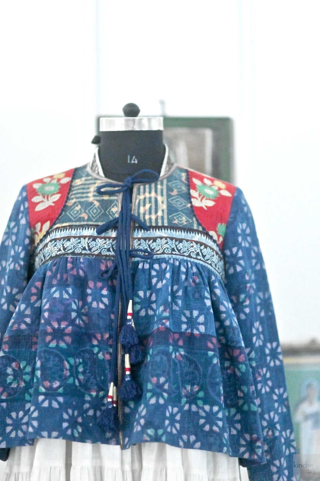XL,Boston, Vintage Kantha, Flared Boho Jacket with Front Ties & Tassels - kinchecom