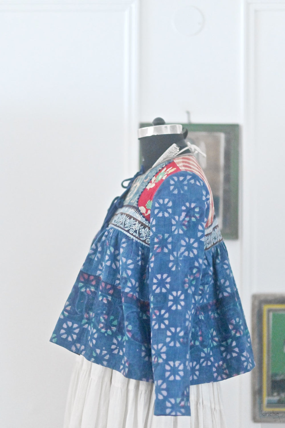 XL,Boston, Vintage Kantha, Flared Boho Jacket with Front Ties & Tassels - kinchecom