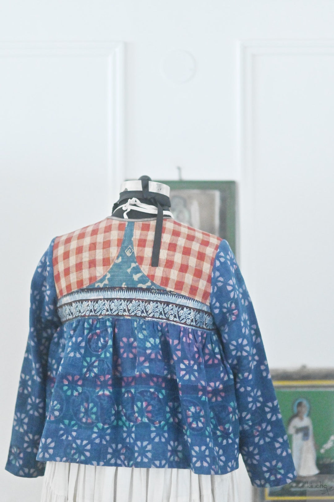 XL,Boston, Vintage Kantha, Flared Boho Jacket with Front Ties &amp; Tassels - kinchecom