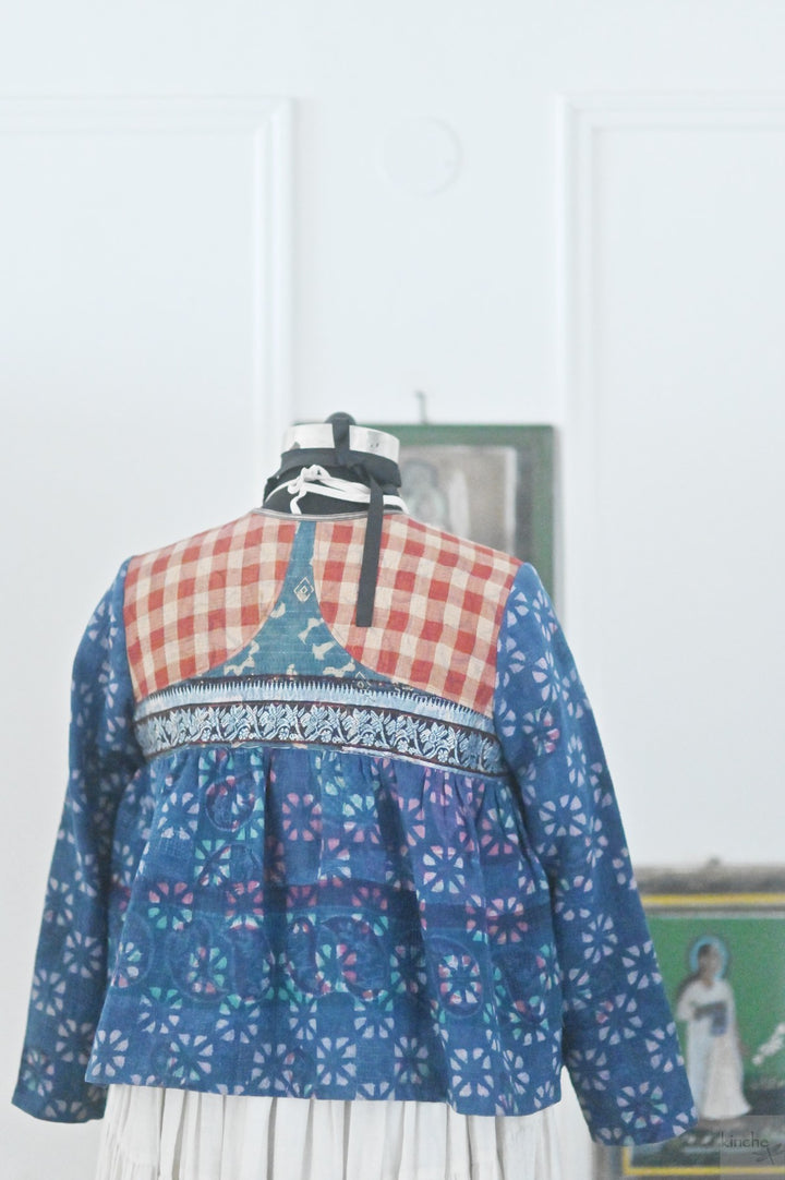 XL,Boston, Vintage Kantha, Flared Boho Jacket with Front Ties &amp; Tassels - kinchecom